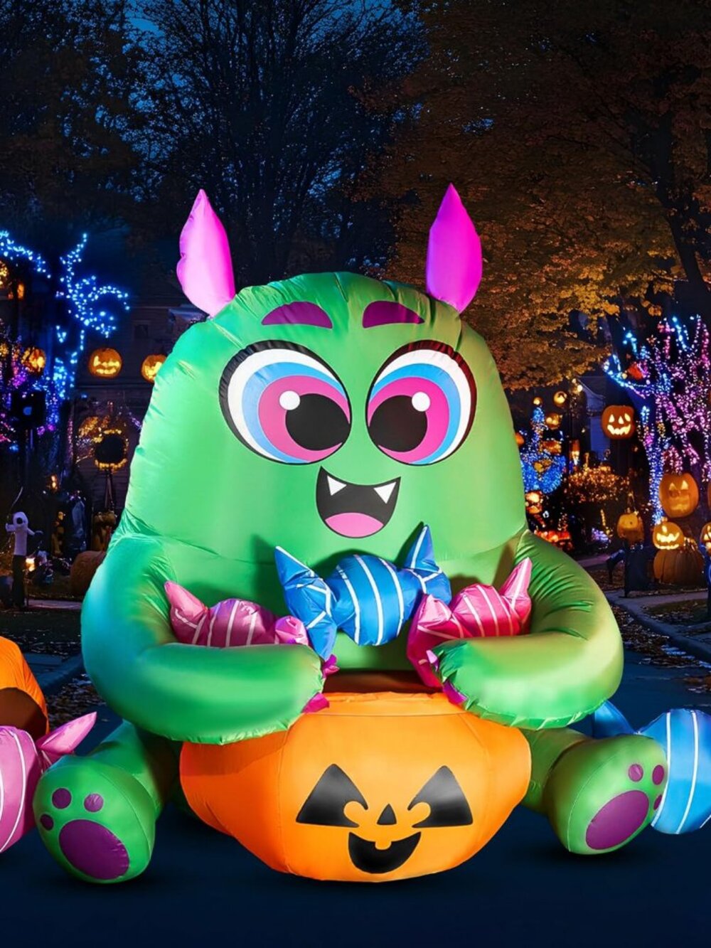 5 Ft Long Cute Halloween Inflatables Monster with Candies Outdoor Decorations